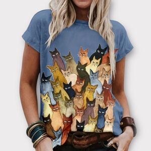 Cat Print Crew Neck Short Sleeve T-Shirt
